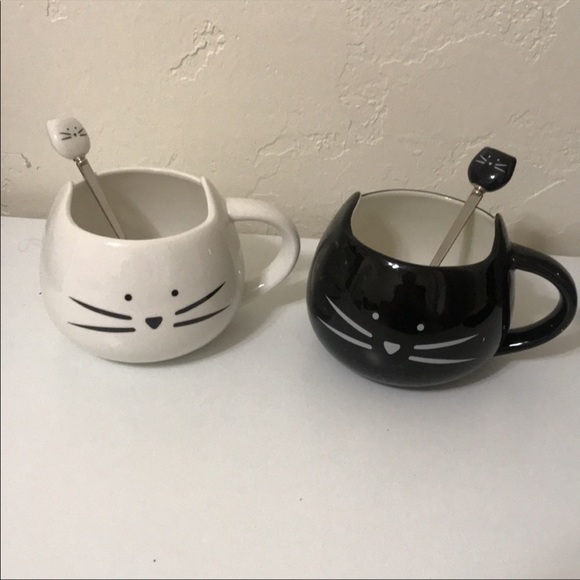 Other - New Koolkatkoo Ceramic Cat Face Mugs (2) with Spoons Black & White 
Brand new